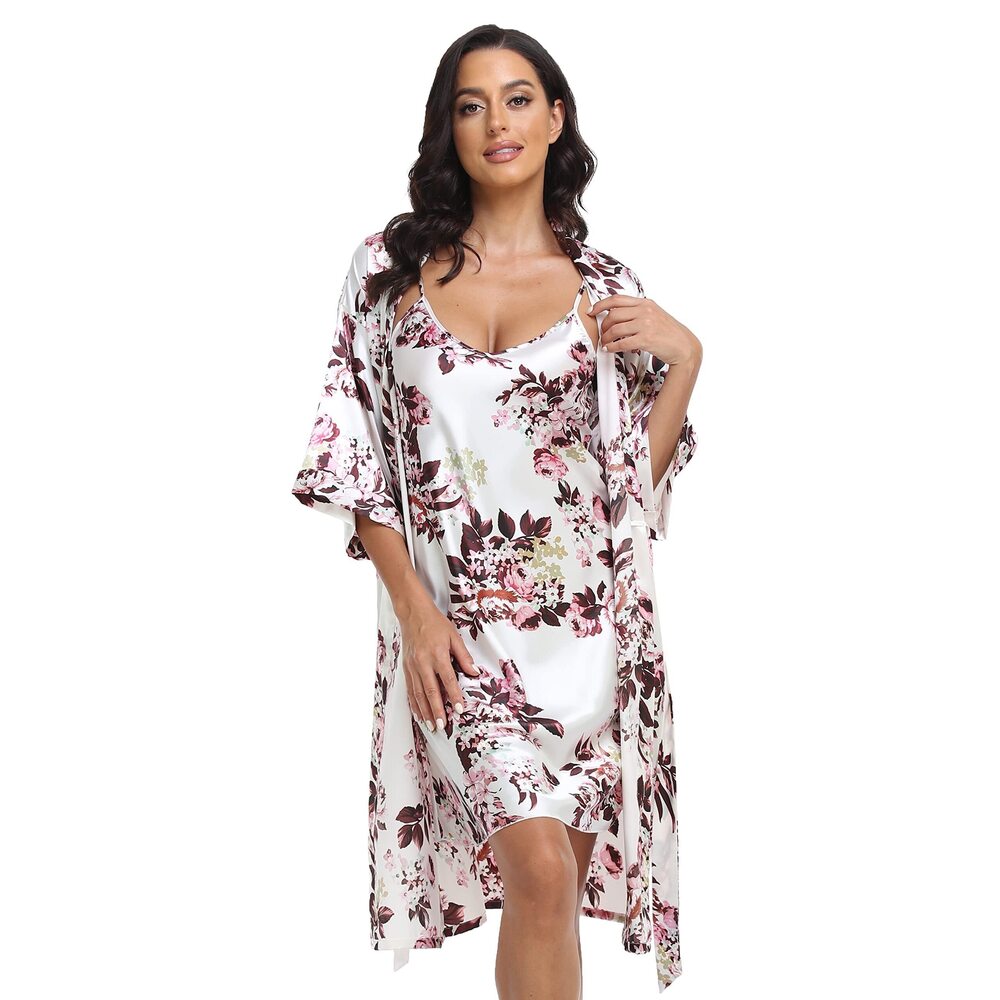 6948 Satin Robes Set with Nightgown Silk Kimono Pajamas 2 Piece Sleepwear - Picture 4 of 4
